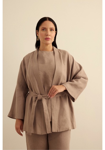 Aker Seyyar Kuşaklı Keten Kimono Vizon Vizon