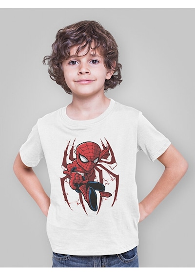 Sevbano Süper Kahraman Örümcek Adam Baskılı Unisex Spider-man Film Çocuk Beyaz