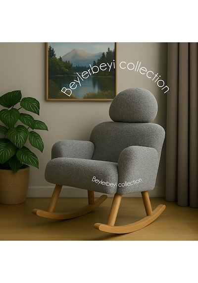 Sallanan Sandalye, Ayarlanabilir Başlıklı Sallanan Koltuk, Gri Peluş Kumaş, Tekli Koltuk, Berjer Gri