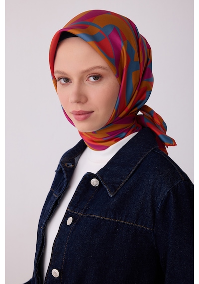 Belli Geometrik Desen İpek Twill Eşarp - 2026 İlkbahar-yaz T 4327 Turuncu