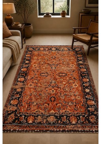 Narhan Nostaljik Kilim Saçaklı Robot Süpürge Uyumlu Oturma Odası Salon Kolay Temizlenebilir Akrilik Pamuk Halı Kiremit / Siyah