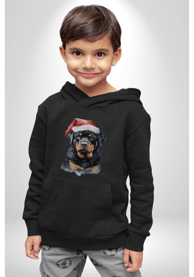 Yeni Yıl Noel Rottweiler Kadın Erkek Siyah Kapüşonlu Sweatshirt Hoodie Siyah