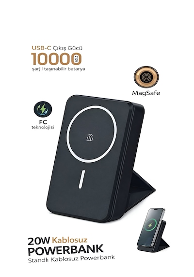 10000mah 20w Wireless Magsafe Kablosuz Powerbank Lüx Deri Standlı Taşınabilir Hızlı Şarj siyah
