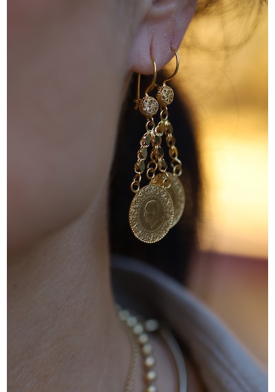 14 Ayar Altın Pullu Sallantılı Taşlı Küpe Kp111288