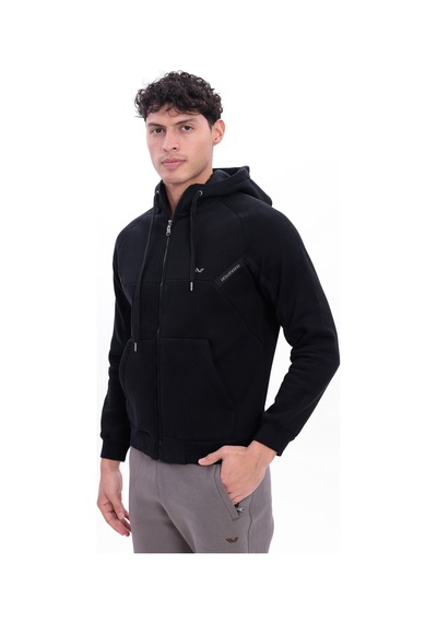 Rowinger 3 İplik Kalın Dokulu Parçalı Görünümlü Kapüşonlu Tam Fermuarlı Erkek Sweatshirt Navyblue