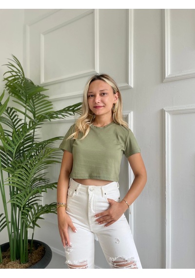 Kadın Basic Crop Tshirt Haki Çok Renkli