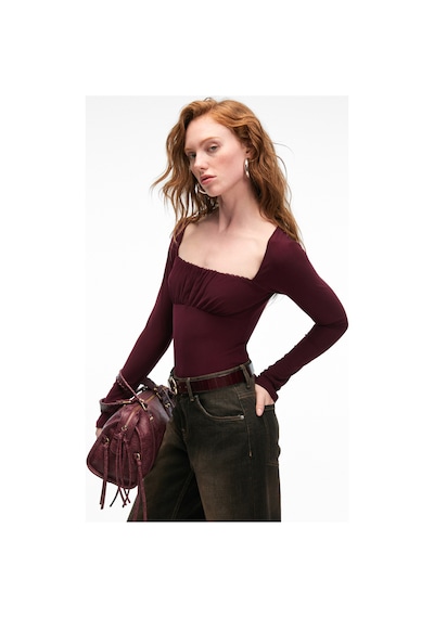 Grımelange SILIVRA Kadın Havuz Yakalı Esnek Kumaşlı Slim Fit Bordo Bluz