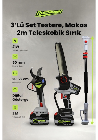 Reschmann 3'lü Set Şarjlı Testere Ve Budama Makası Ve 2 Metre Teleskobik Uzatma Kolu 21v - 3.0 Ah - Dijital Göstergeli
