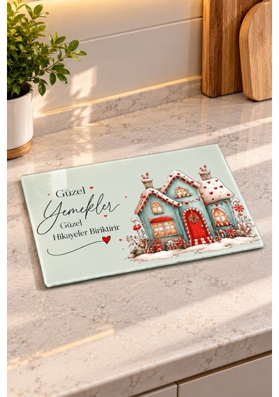 Gökçeoğlu Cam Kesme Tahtası Gingerbread Ev Yılbaşı Temalı - Cam Kesme Tablası 20cm X 30cm Çok Renkli