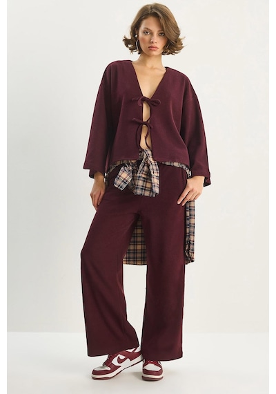 Shade Kadın Bağlama Detaylı Kimono Yüksek Bel Bol Pantolon Selanik Takım 7028 60283640 - Bordo