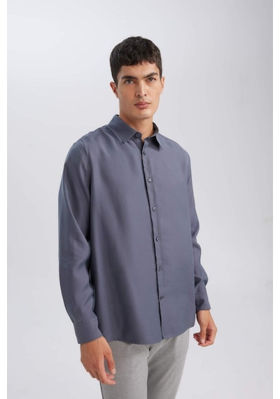 DeFacto Relax Fit Polo Yaka Twill Modal Karışımlı Basic Düz Uzun Kollu Gömlek D3376AX24AUAR174 Antrasit