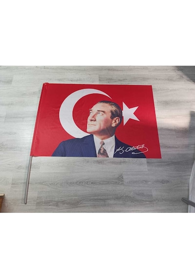 50x75cm Atatürk İmzalı Raşel Kumaş Sopalı Türk Bayrağı Dayanıklı Ve Kaliteli Dijital Baskı 50x75