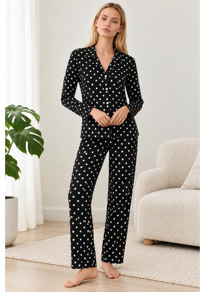 Kadın Gömlek Yaka Desenli Siyah Pijama Takımı 4812