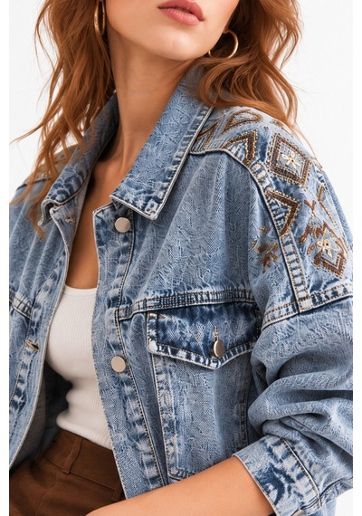 Saade Açık Mavi Etnik İşlemeli Oversize Denim Ceket
