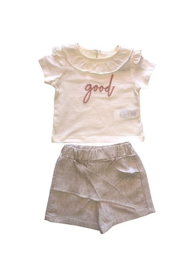 Çikoby Kız Bebek Çocuk Good Yazılı Şortlu Takım-13870 Krem