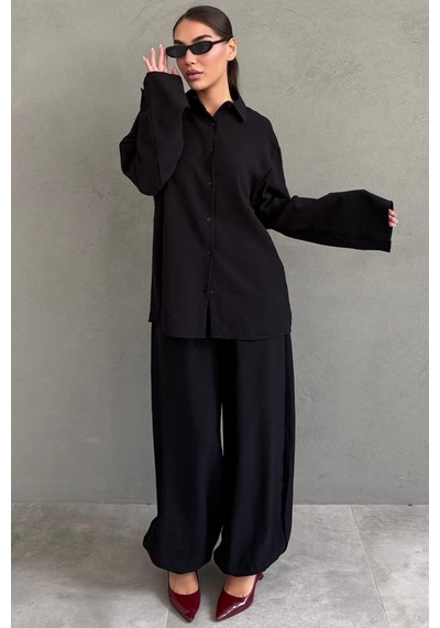 Madmext Siyah Oversize Gömlek Balon Pantolon Kadın Takım Mg2779