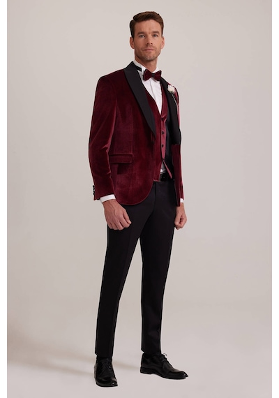 Ysf Erkek Bordo Şal Yaka Yelekli Slim Fit Damatlık