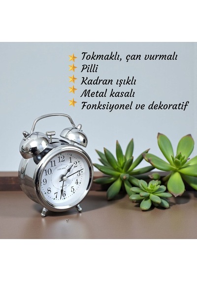 Upway Çanlı Tokmaklı Yüksek Zil Sesli Gümüş Metal Kasalı Işıklı Nostaljik Retro Çalar Saat Gümüş