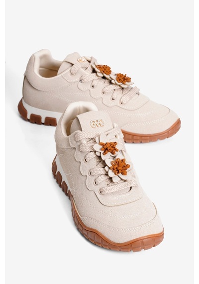 Mubiano Kadın Süet Sneaker Çiçek Aksesuarlı Günlük Spor Ayakkabı Nira Bej