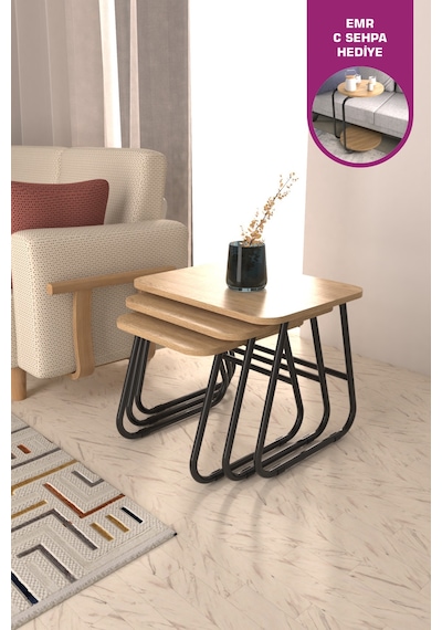 Vilinze Zigana Çok Amaçlı Siyah Metal Ayak 3'lü Naturel Mdf Zigon Sehpa Siyah-naturel