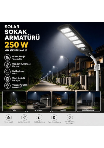 Solar 250w Led Armatür Güneş Enerjili Kumandalı Sokak Bahçe Dış Mekan Duvar Aydınlatma Sistemi