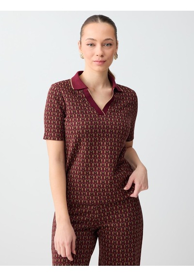Jimmy Key Bordo Geometrik Desenli Polo Yaka Kısa Kollu Örme Bluz 6sw036586562