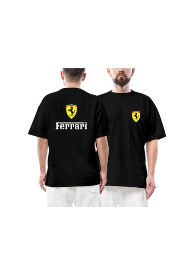 Ferrari İn Italy Ön Arka Baskılı Siyah Oversize Tişört