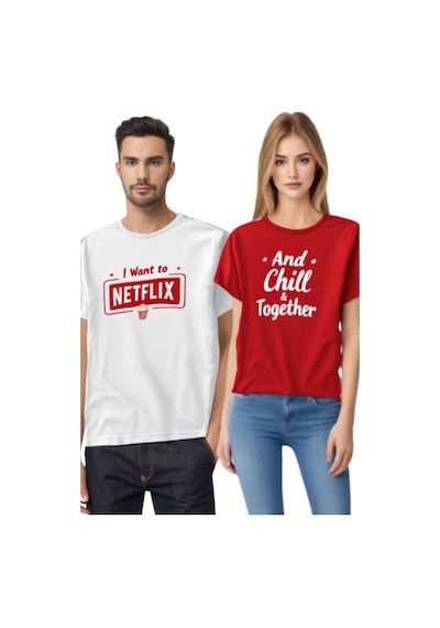 Technomonkey Netflix And Chill Baskılı Sevgili Çift Kombini Regular 2'li Takım T-shirt Beyaz
