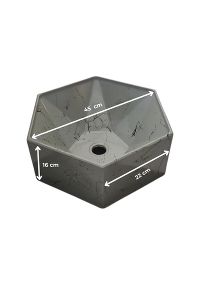 Mermer Desenli Tezgah Üstü Altıgen Taş Lavabo 45 X 16 Cm Gri