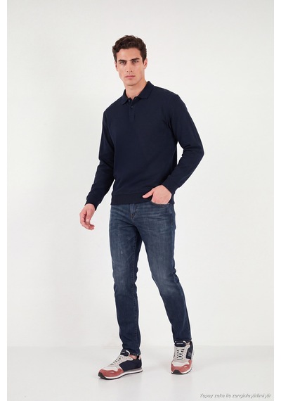 Buratti Pamuklu Regular Fit Yumuşak Dokulu Düğmeli Polo Yaka Kazak Erkek Polo Yaka Kazak 5906103 Lacivert