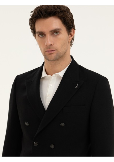 Cacharel Siyah Slim Fit Yün Karışımlı Kruvaze Ceket
