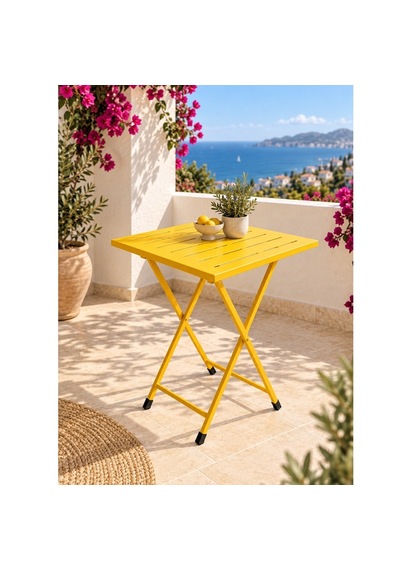 Katlanır Metal Balkon Bahçe Bistro Masa 50x50 Cm Kare Masa 75 Cm Sarı 1646