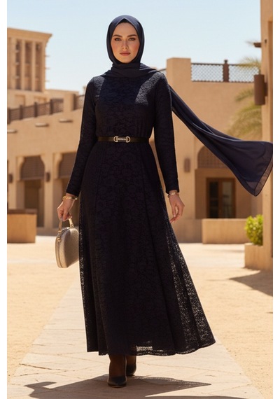 Bestenur Dantel İçi Astarlı Kemerli Elbise 1685 - Lacivert Lacivert