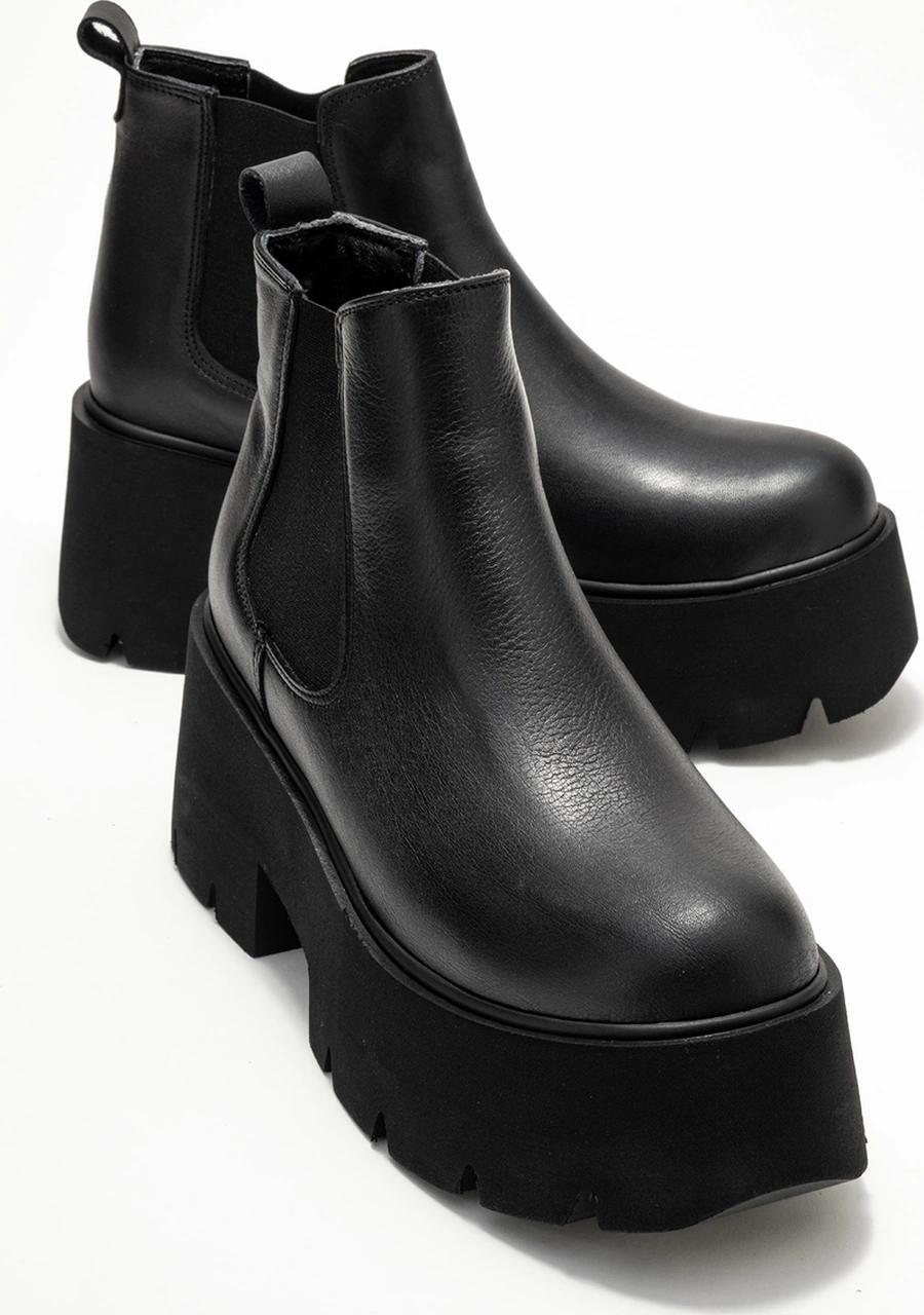 Luvishoes Clen Siyah Cilt Hakiki Deri Lastikli Kadın Kalın Tabanlı Bot Siyah-Cilt
