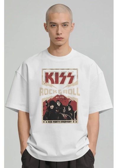 Kiss Rock Metal Müzik Grubu Baskılı Unisex Oversize Premium Tişör Beyaz