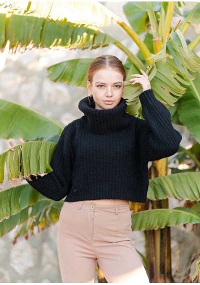 Balıkçı Yaka Örme Crop Kazak Siyah
