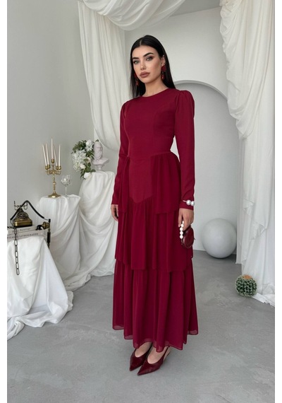 Nils Butik Korse Detaylı Midi Abiye Elbise Bordo