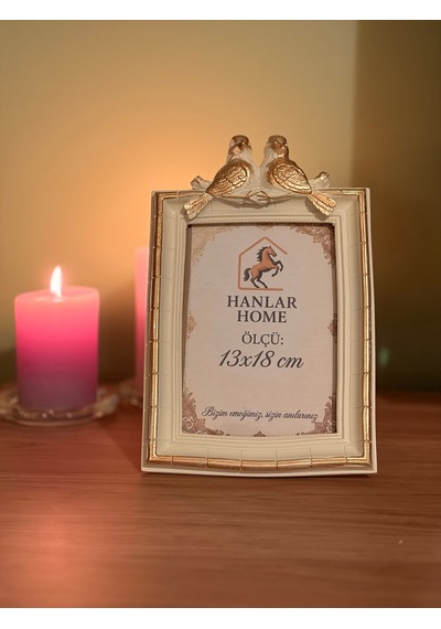 Çifte Kumrular Krem Altın Varak Eskitme Vintage Çerçeve Kuş Figürlü Masaüstü Dekoratif Fotoğraf Çerçevesi 13x18 Cm