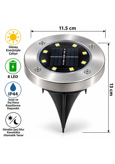 Güneş Enerjili Led Çim Spotu 8 Led Beyaz Işık Ip44 Bahçe Ve Yürüyüş Yolu Aydınlatması Krom