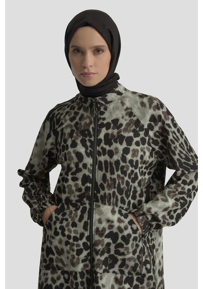Armine Trend Leopar Desenli Fermuarlı Kolları Lastikli Cepli Tunik Siyah 25kt421 Siyah