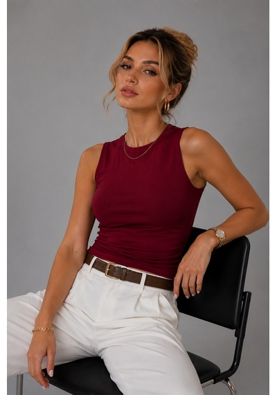 Wild Bee Kadın Bordo Pamuklu Bisiklet Yaka Vücudu Saran Sıfır Kollu Basic Bluz