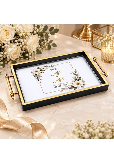Bk Gift Kişiye Özel Siyah&gold Söz Nişan Tepsisi-4 - 39x23 Cm Çok Renkli