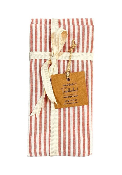 %100 Pamuk İpliği Boyalı Çizgili Tek Kişilik Yastık Kılıfı 2'li Set - 50x70 Cm Naturel Cep Detaylı Kırmızı