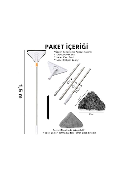 Turuncukoli Teleskopik Üçgen Camsil Duvar Yüzey Cam Silme Aparatı Mop Mikrofiber Sprey