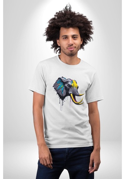 Renkli Fil Kafası Unisex Unisex Beyaz Organik Baskılı T-shirt Penye Yüksek Kalite Beyaz