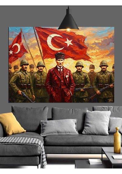 Bayrak Tutan Askerler Ve Atatürk Dekoratif Kanvas - Mdf Ahşap Tablo