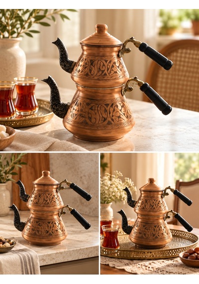 Aura Copper Bakır Çaydanlık Takımı 26 Cm Geleneksel Desenli Ac-cy-21