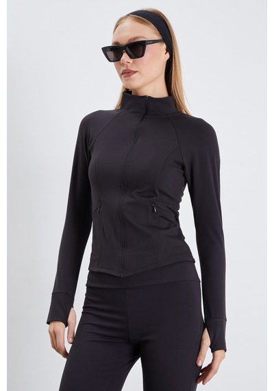 Fullamoda Parmak Geçirmeli Dalgıç Kumaş Slim Fit Ceket Siyah