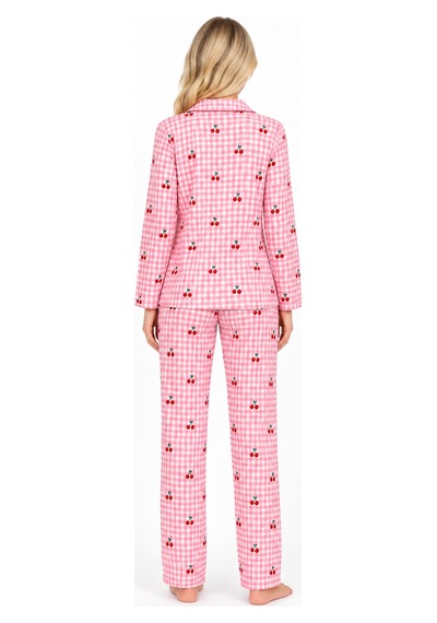 Sleeeproom Kadın Süet Düğmeli Mevsimlik Ekose Desen Pembe Pijama Takımı Pembe - Beyaz