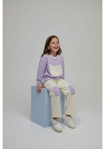 Aden Kids Unisex Çocuk %100 Pamuk Alt Üst Takım Ekru - Lila